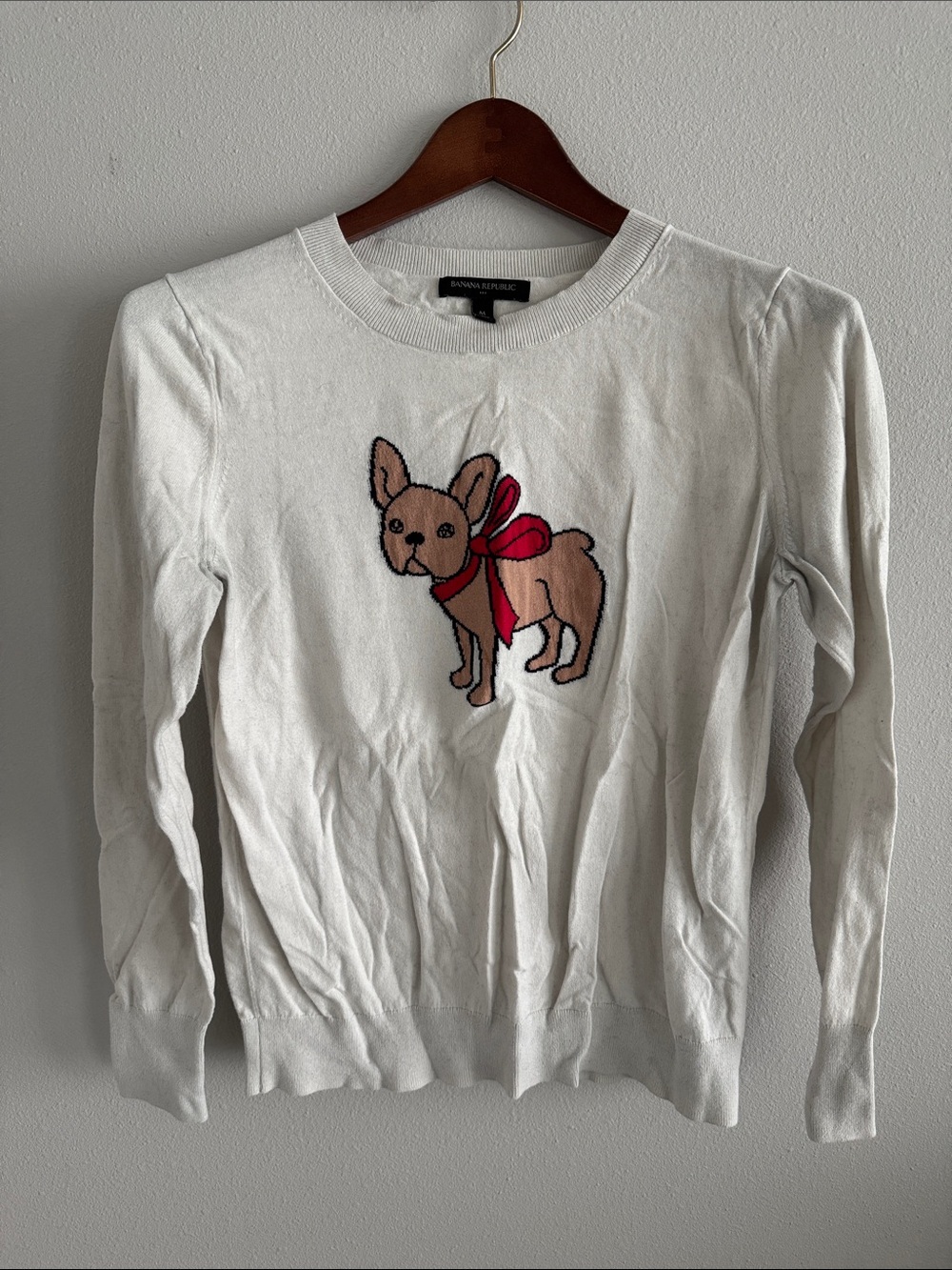 Banana Republic White Crewneck Sweater with French Bulldog Embroidery